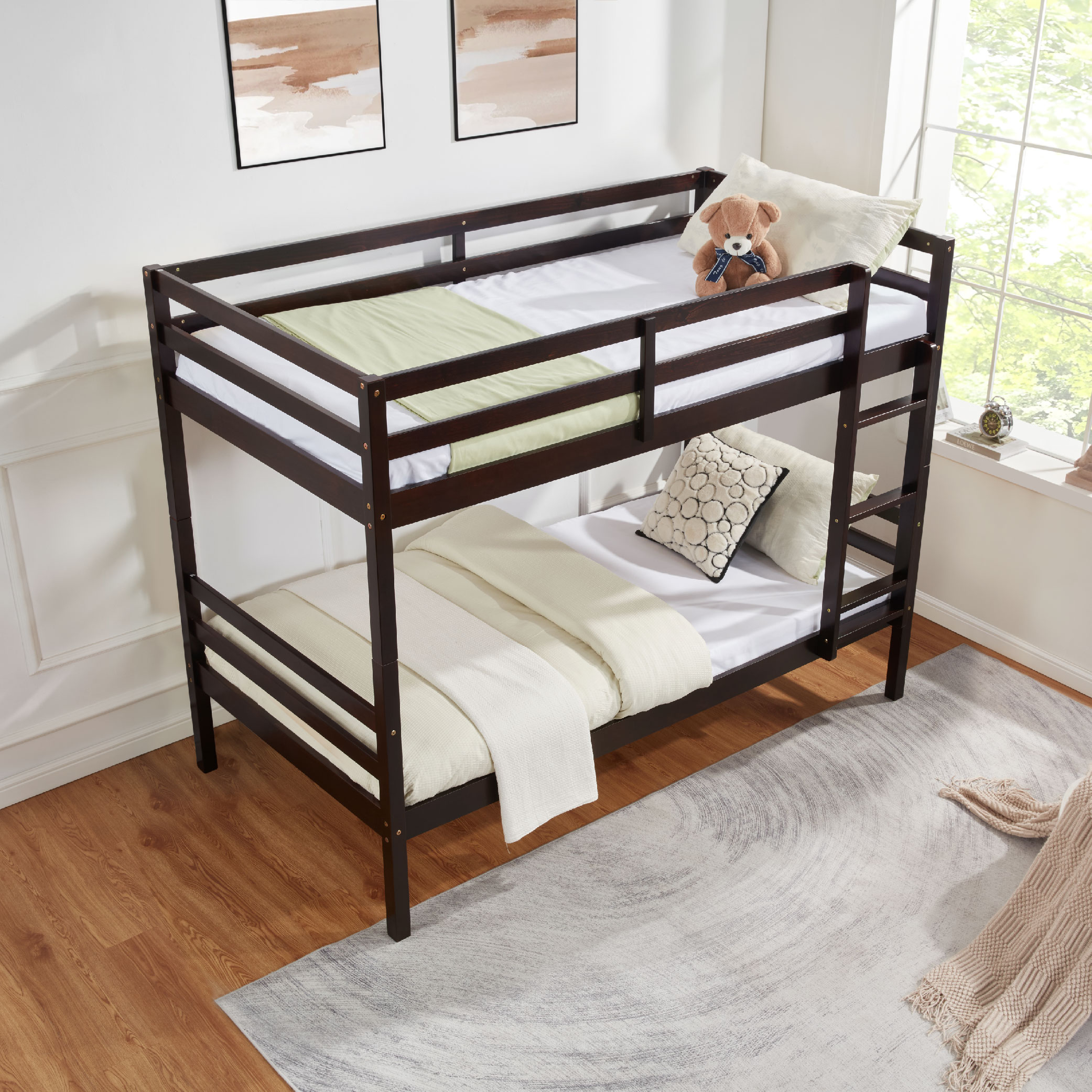 Twin over Twin Bunk Bed with Ladder,Wooden Bunk Bed with High Guardrail and Ladder for Kids, Teens, Dorm Rooms, and Guest Rooms,No Box Spring Needed,Espresso Twin over Twin Bunk Bed with Ladder,Wooden Bunk Bed with High Guardrail and Ladder for Kids, Teens, Dorm Rooms, and Guest Rooms,No Box Spring Needed,Espresso